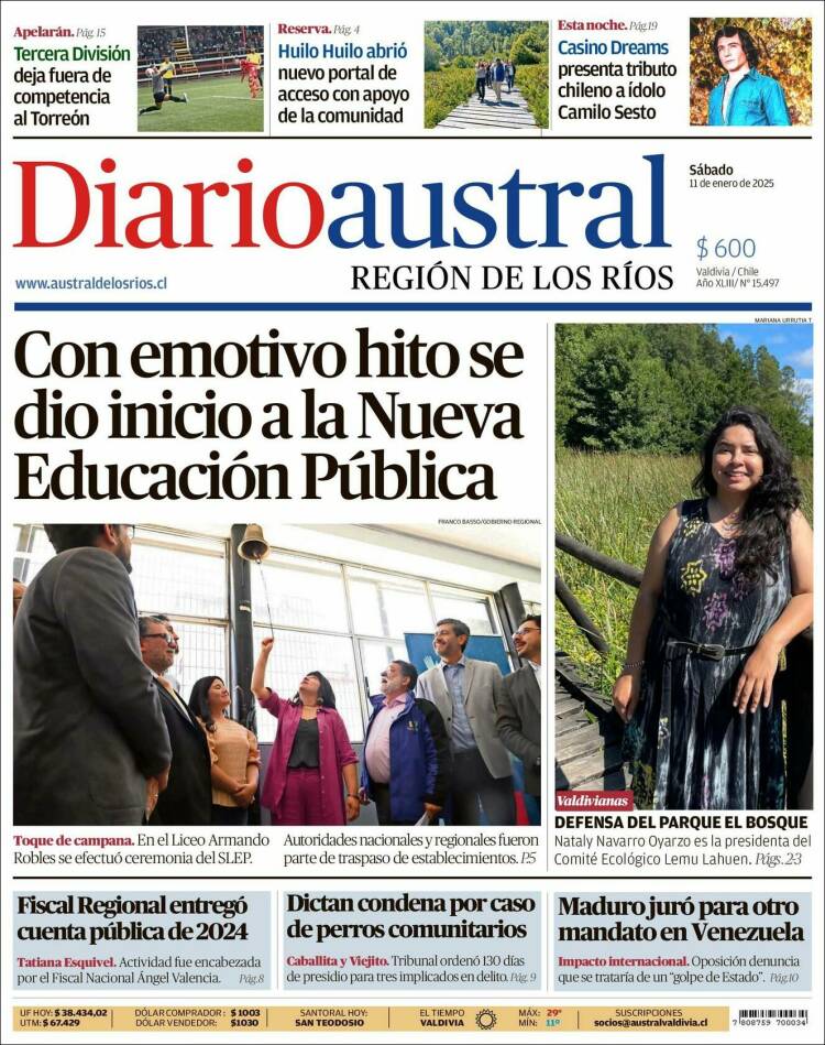 Portada de El Diario Austral de Valdivia (Chile)