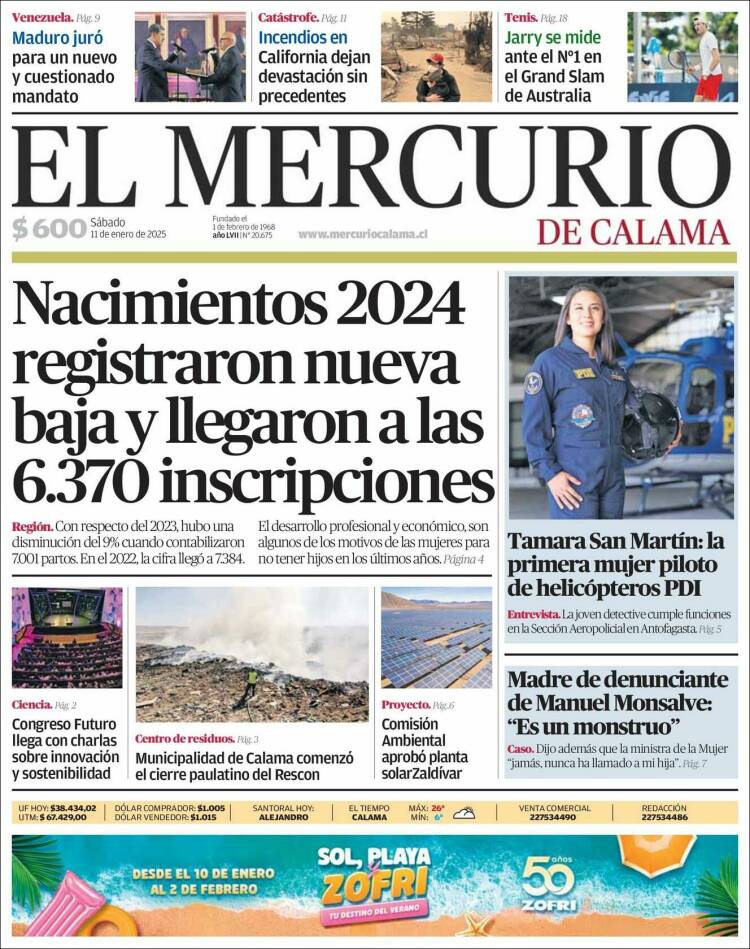 Portada de El Mercurio - Calama (Chile)