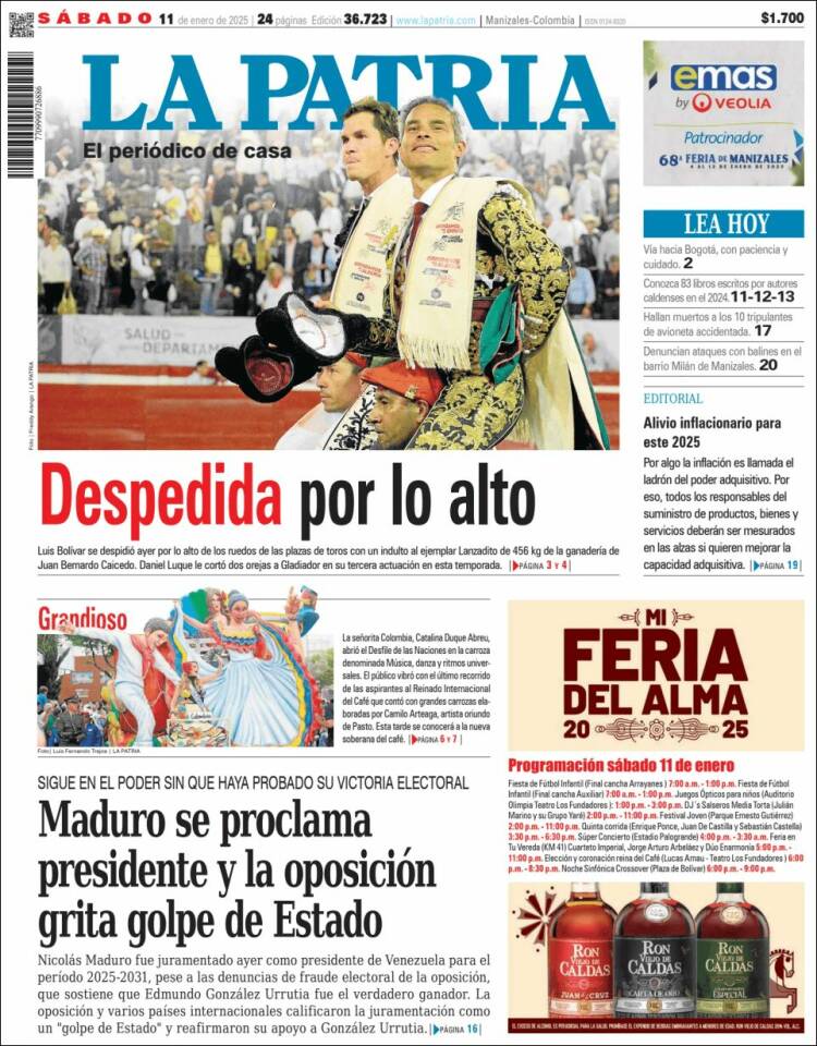 Portada de La Patria (Colombia)