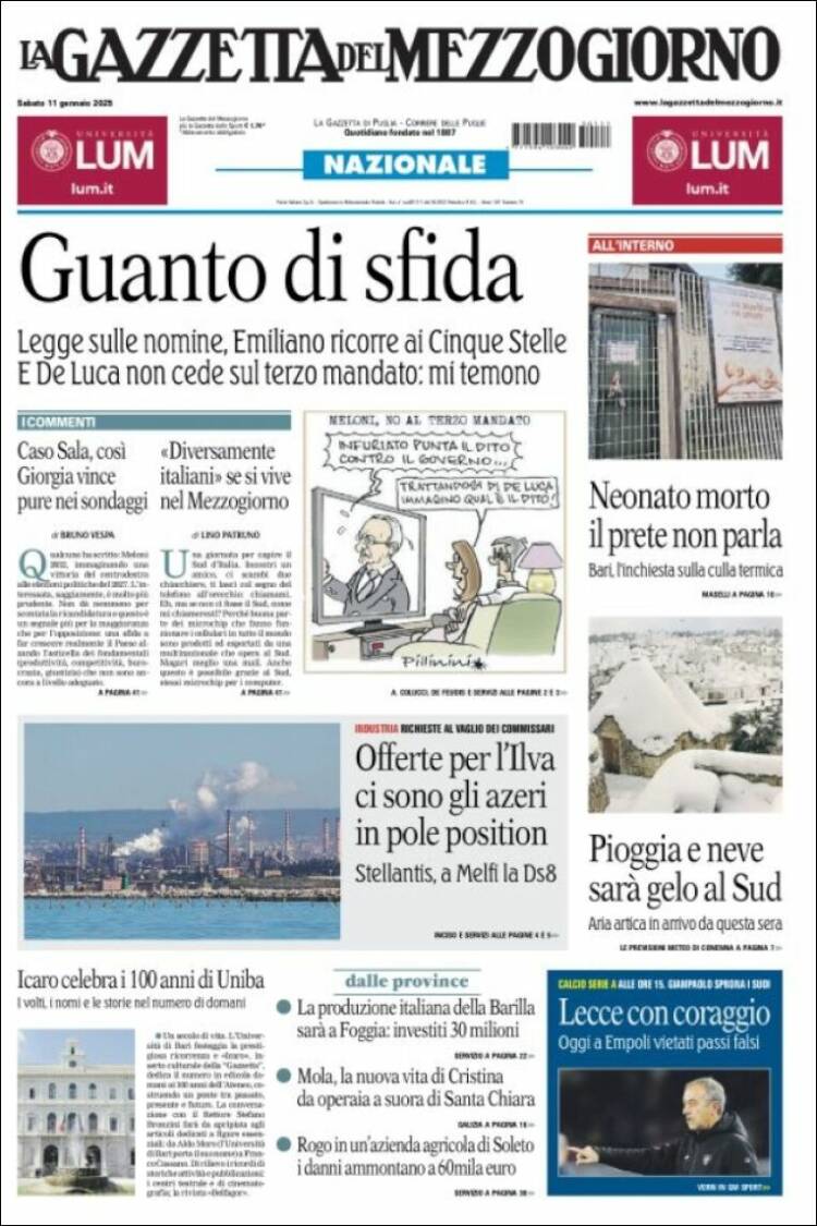 Portada de La Gazzetta del Mezzogiorno (Italia)
