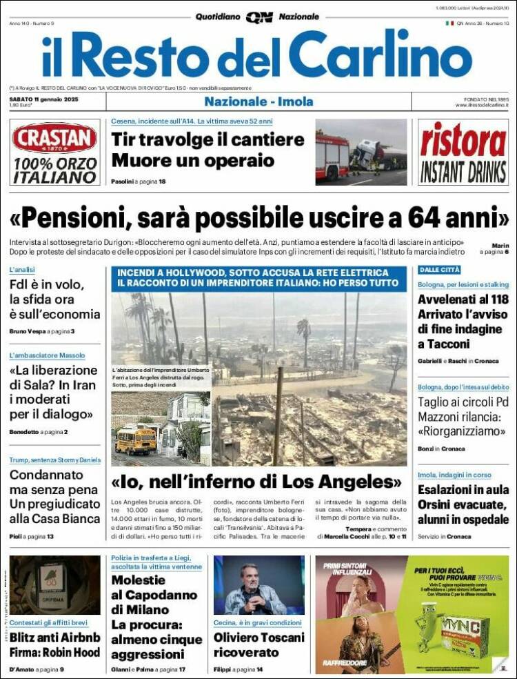 Portada de Il Resto del Carlino (Italia)