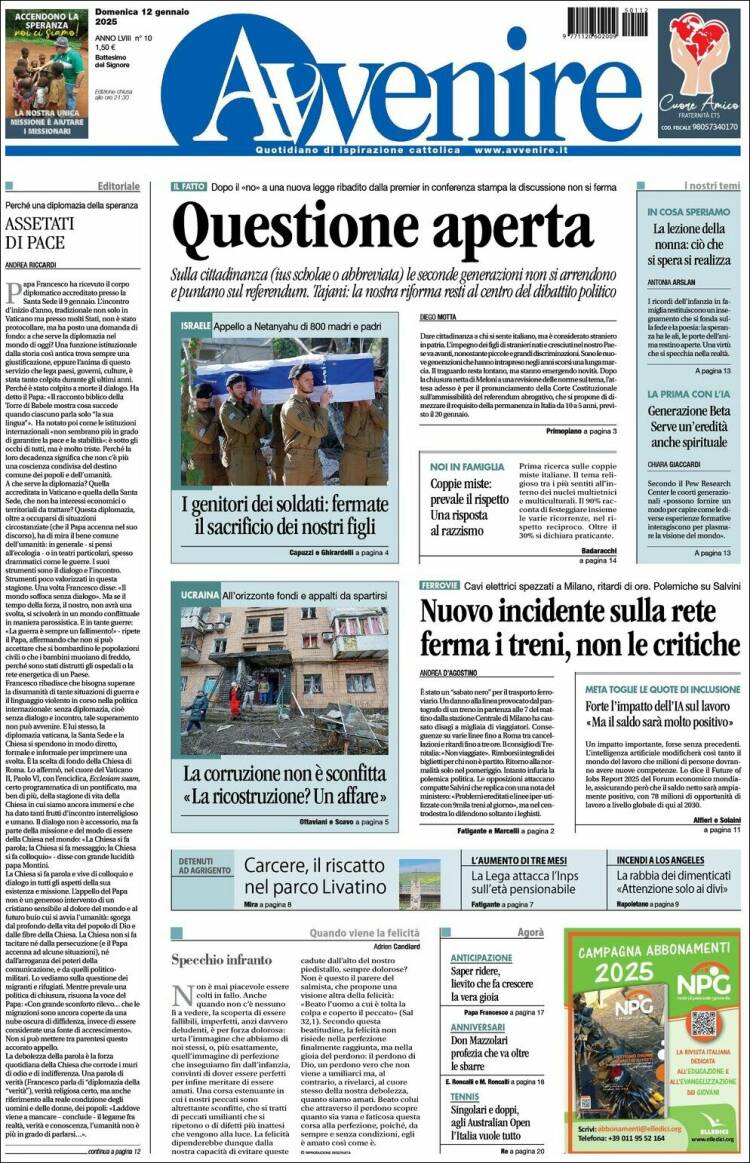 Portada de Avvenire (Italia)