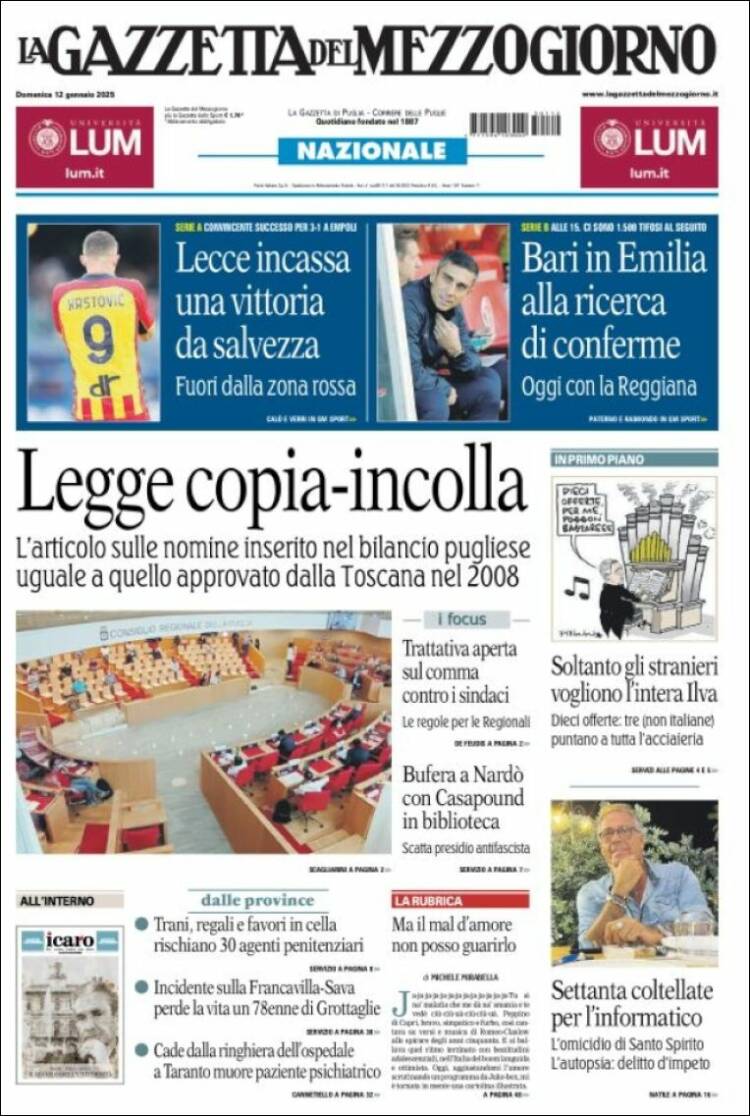 Portada de La Gazzetta del Mezzogiorno (Italia)