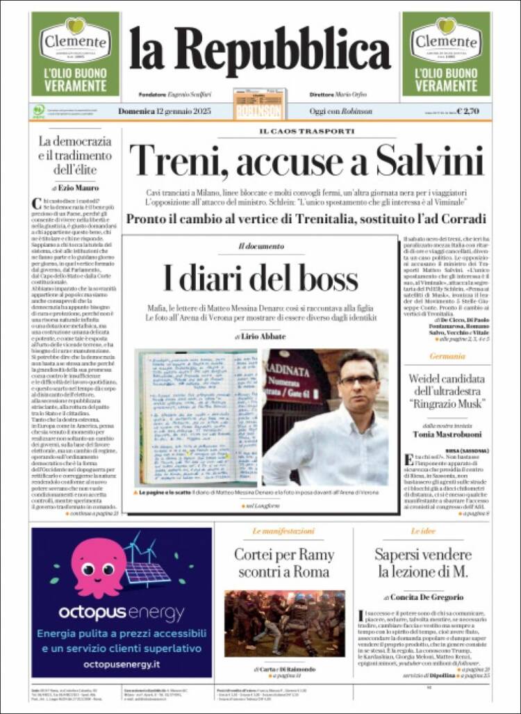 Portada de La Repubblica (Italia)