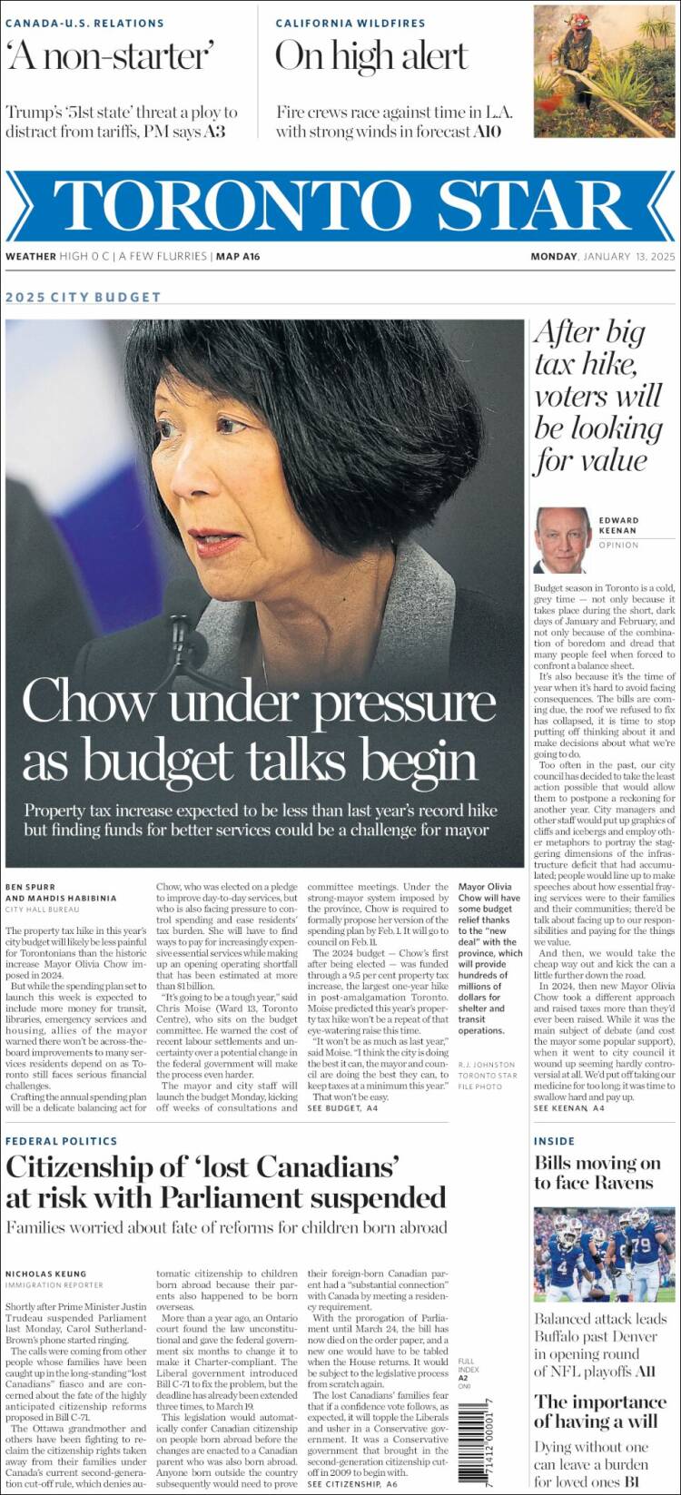 Portada de The Toronto Star (Canadá)