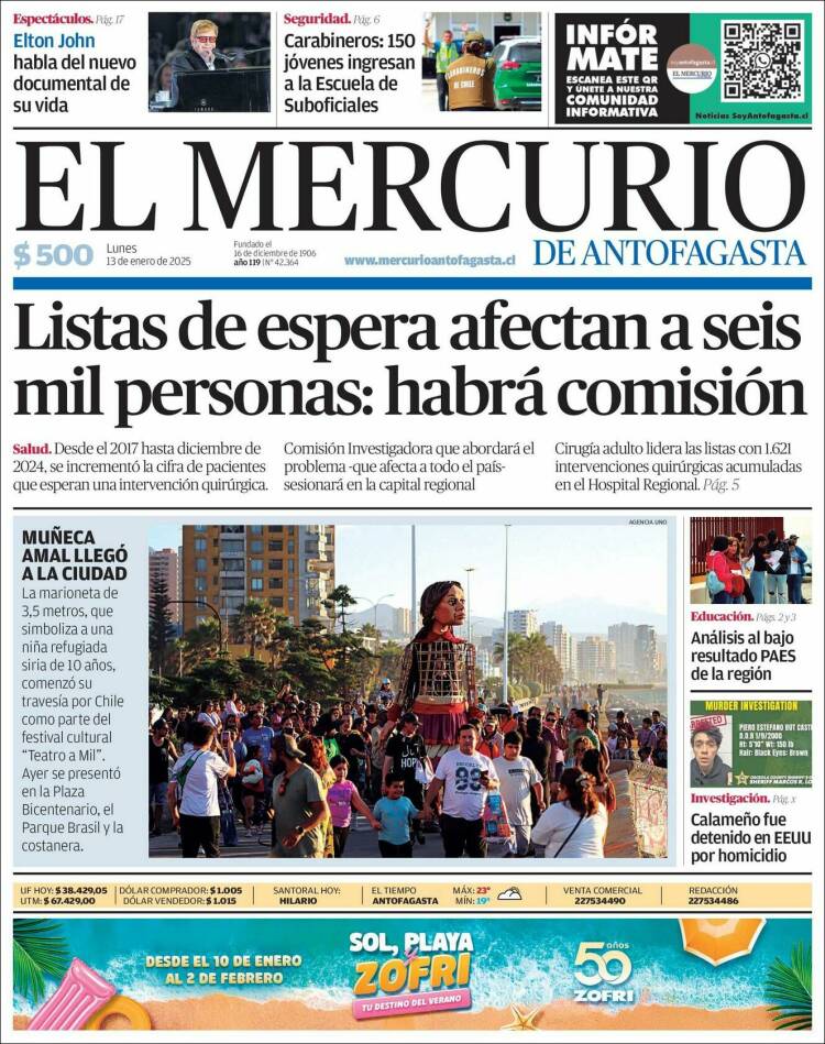 Portada de El Mercurio de Antofagasta (Chile)