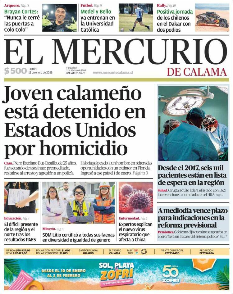 Portada de El Mercurio - Calama (Chile)