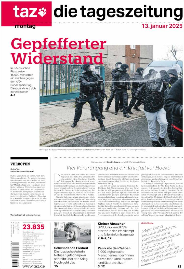 Portada de Die Tageszeitung (Alemania)
