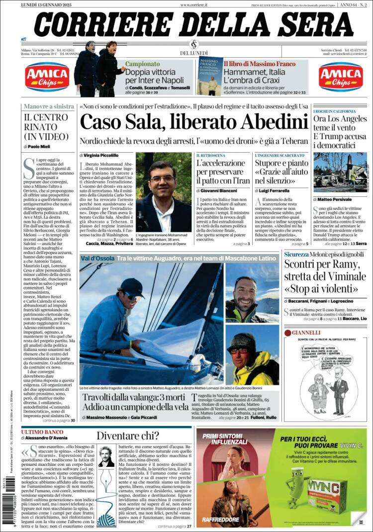 Portada de Corriere della Sera (Italia)