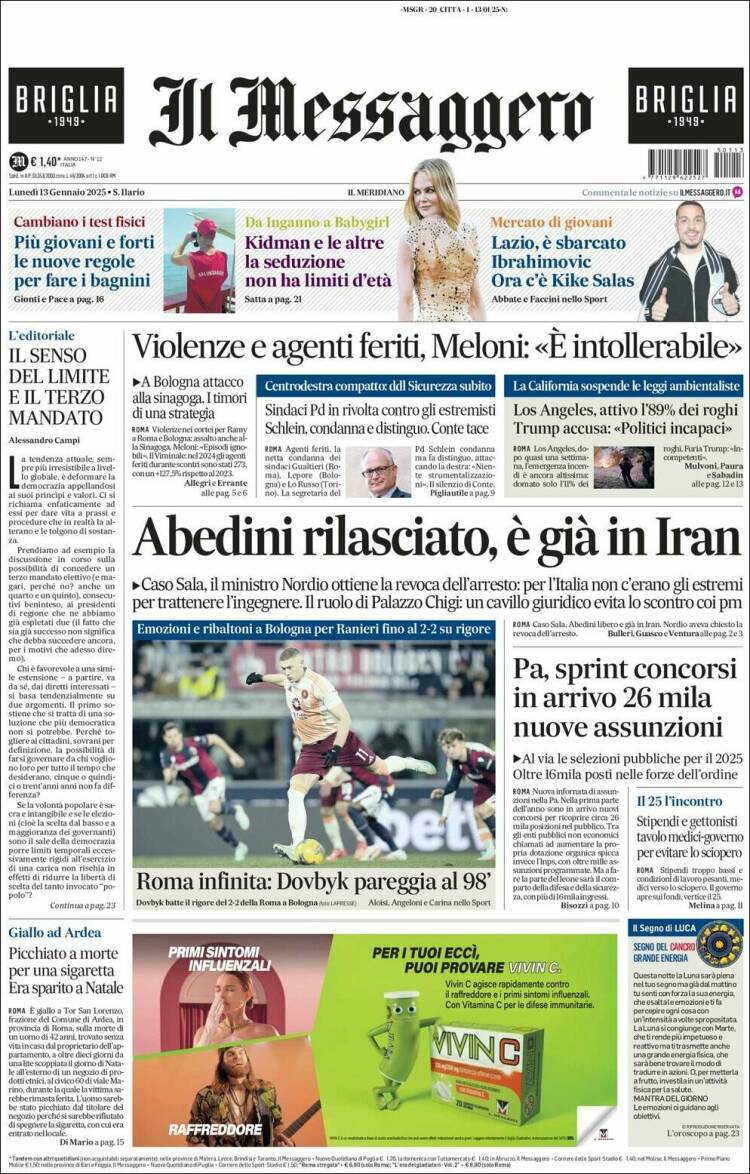 Portada de Il Messaggero (Italia)