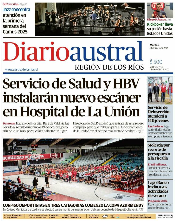 Portada de El Diario Austral de Valdivia (Chile)