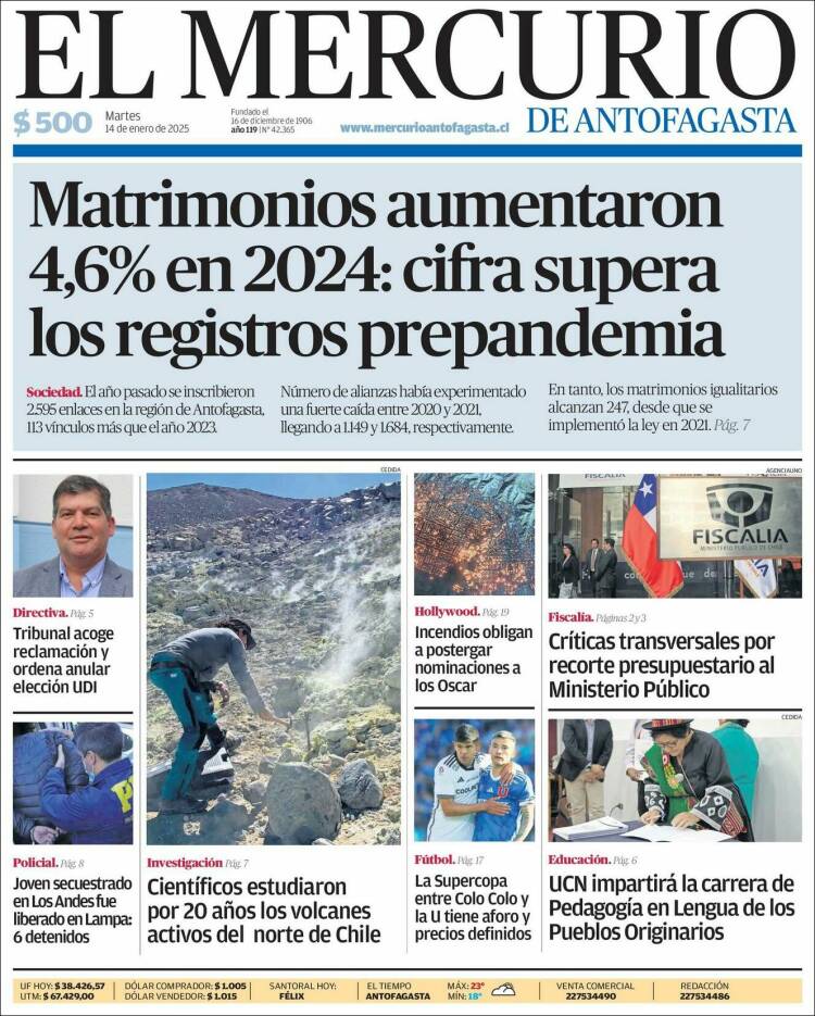 Portada de El Mercurio de Antofagasta (Chile)
