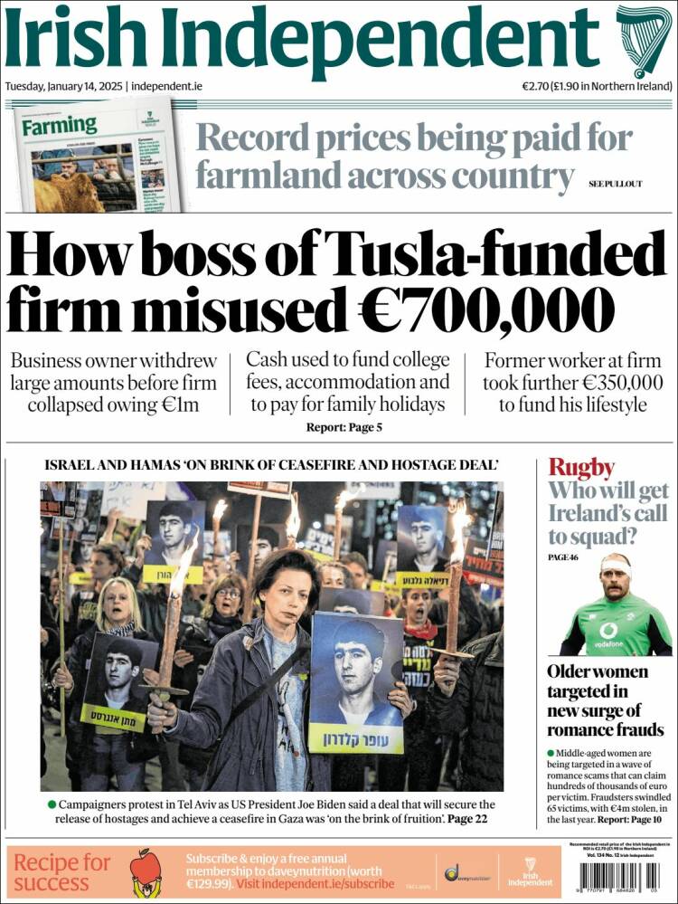 Portada de Irish Independent (Irlanda)