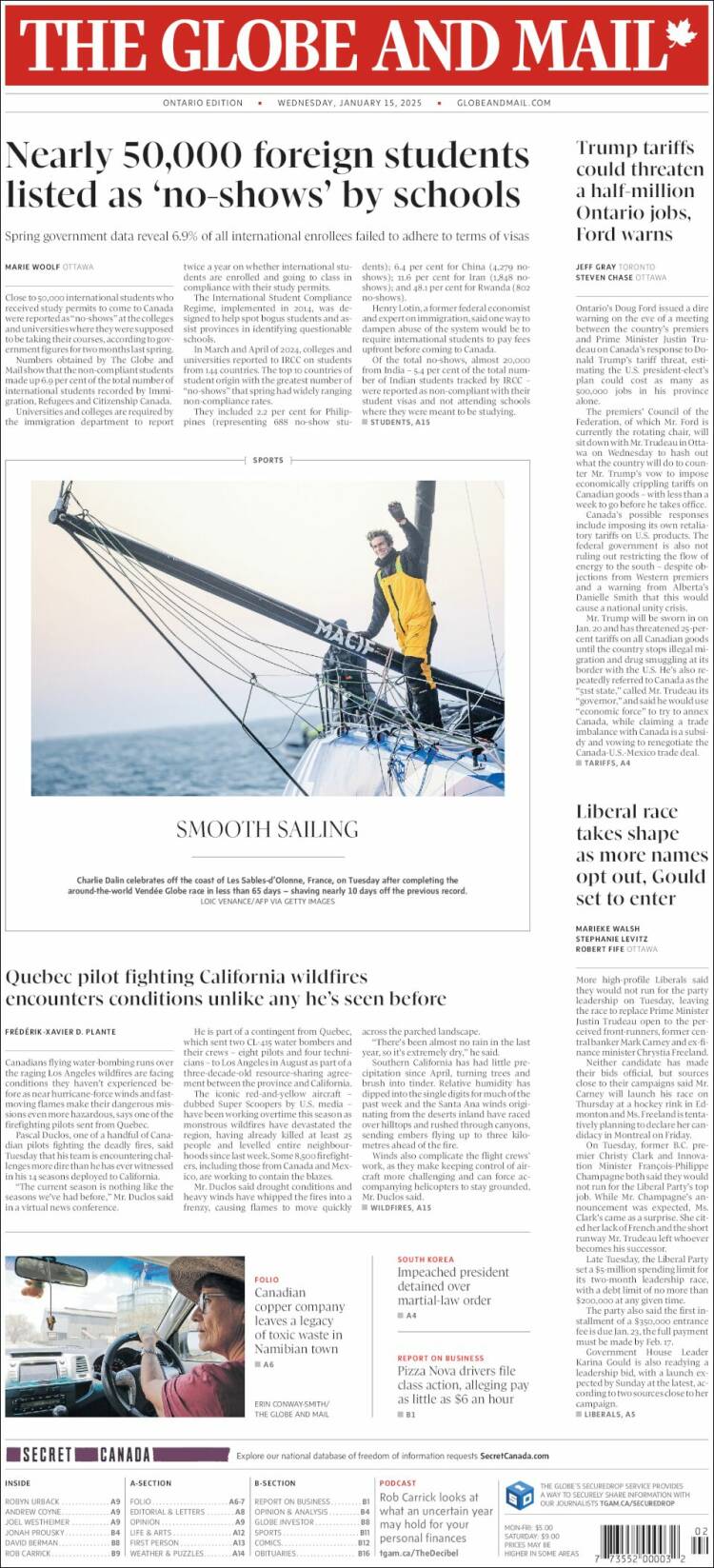 Portada de The Globe and Mail (Canadá)