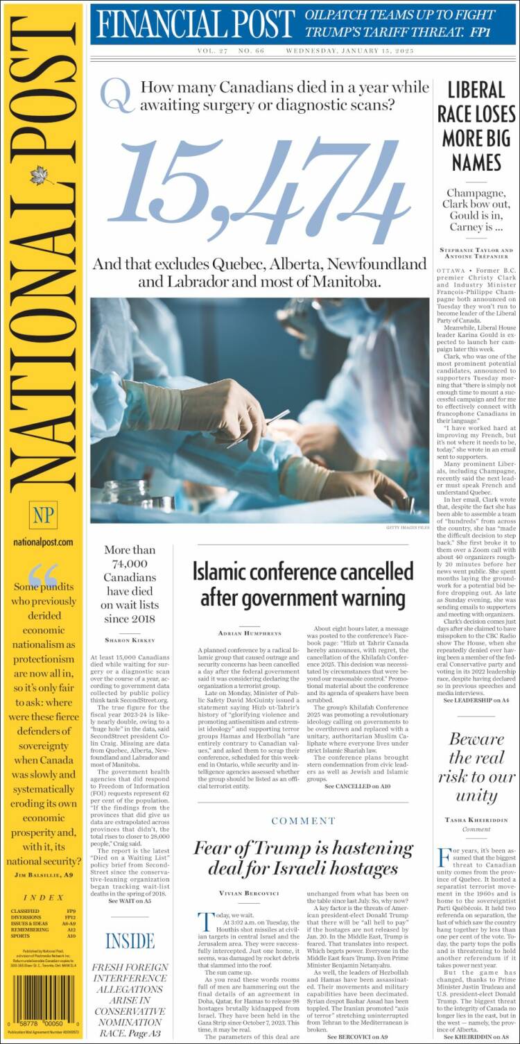 Portada de The National Post (Canadá)