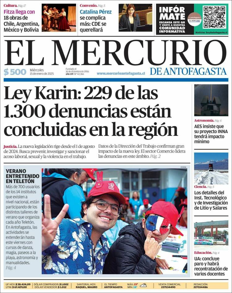 Portada de El Mercurio de Antofagasta (Chile)