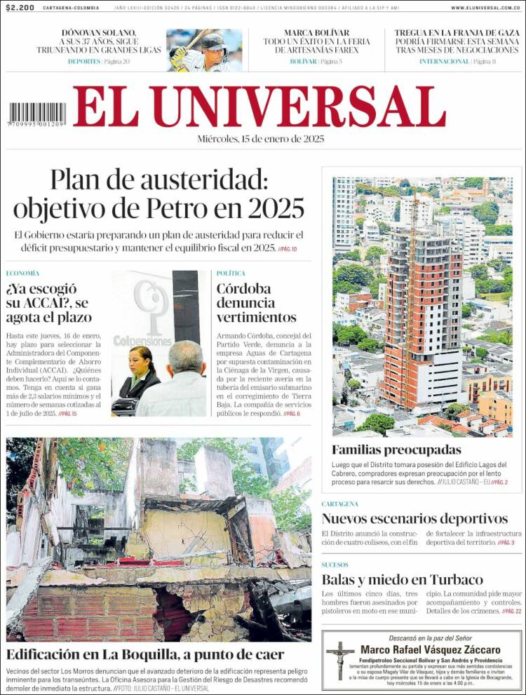 Portada de El Universal (Colombia)