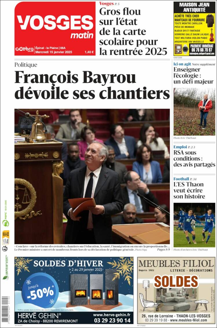 Portada de Vosges Matin (Francia)