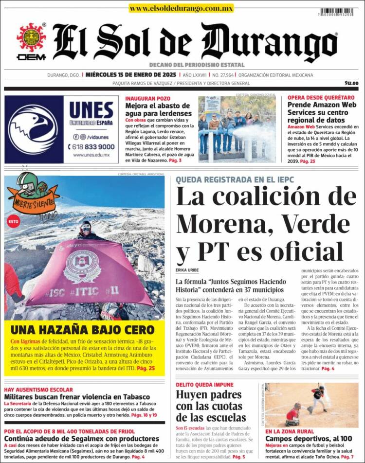Portada de El Sol de Durango (México)
