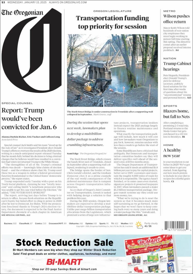 Portada de The Oregonian (USA)