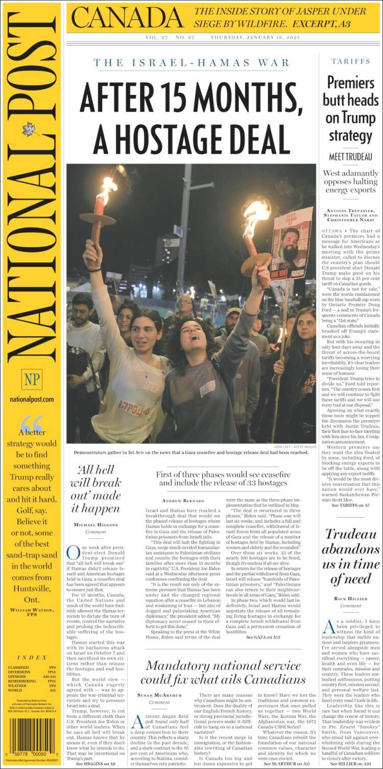 Portada de The National Post (Canadá)