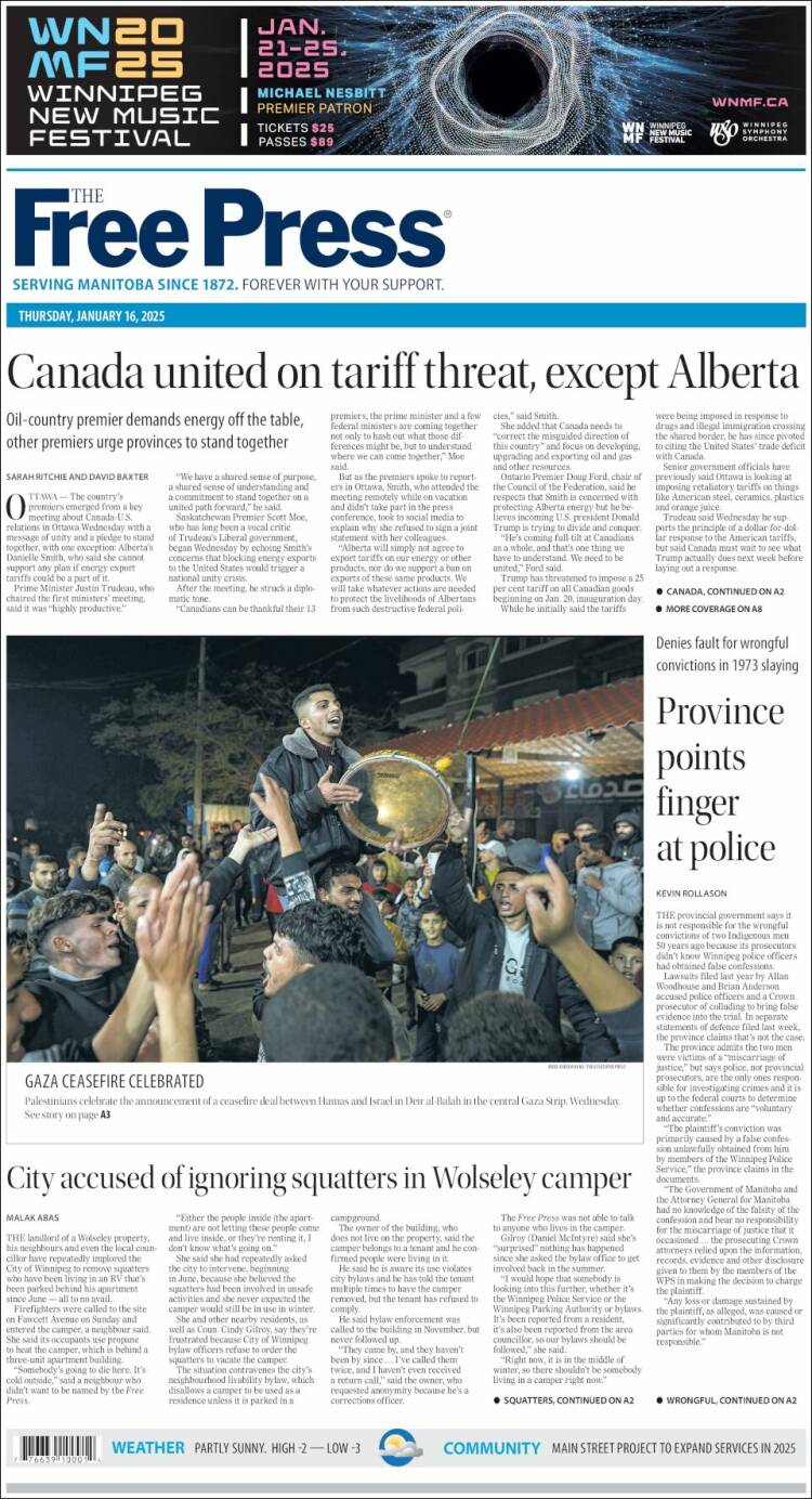 Portada de Winnipeg Free Press (Canadá)