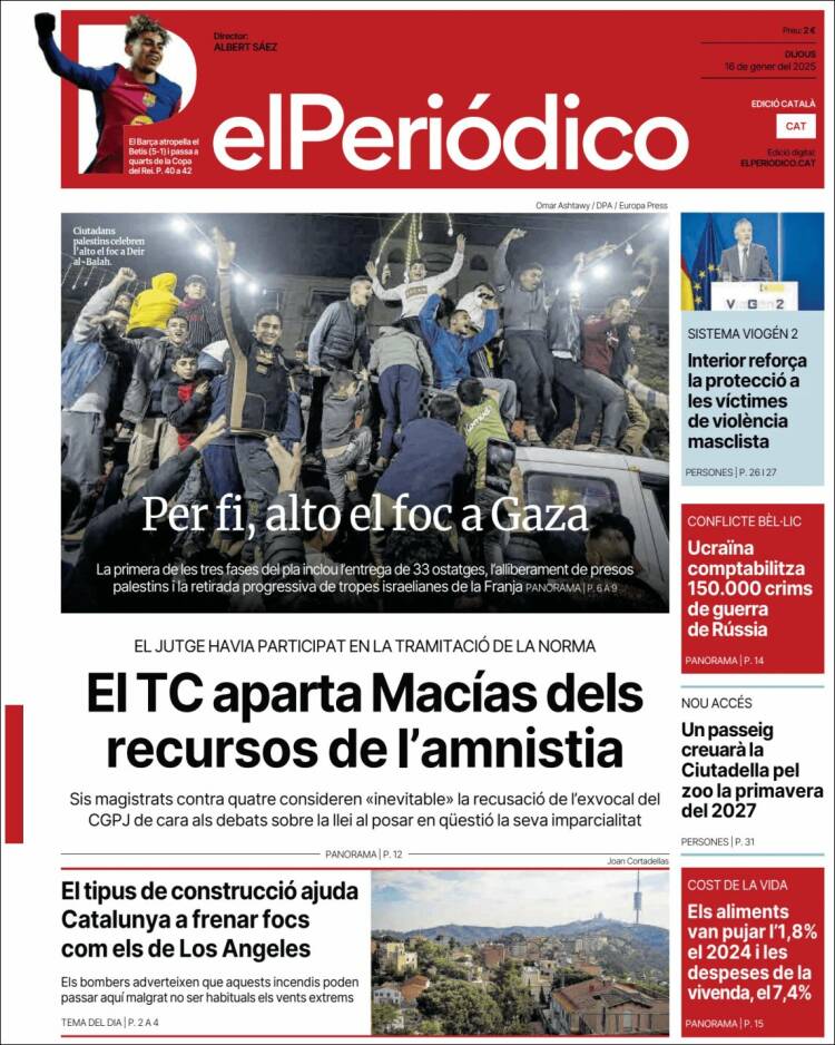 Portada de El Periódico de Catalunya (España)