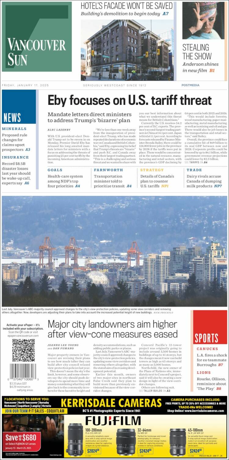 Portada de The Vancouver Sun (Canadá)