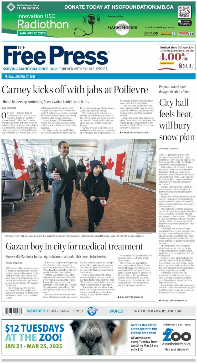 Portada de Winnipeg Free Press (Canadá)