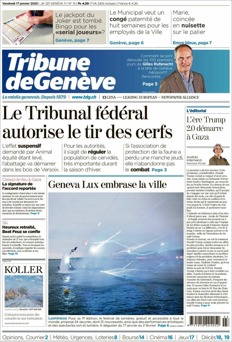 Portada de La Tribune de Genève (Suiza)