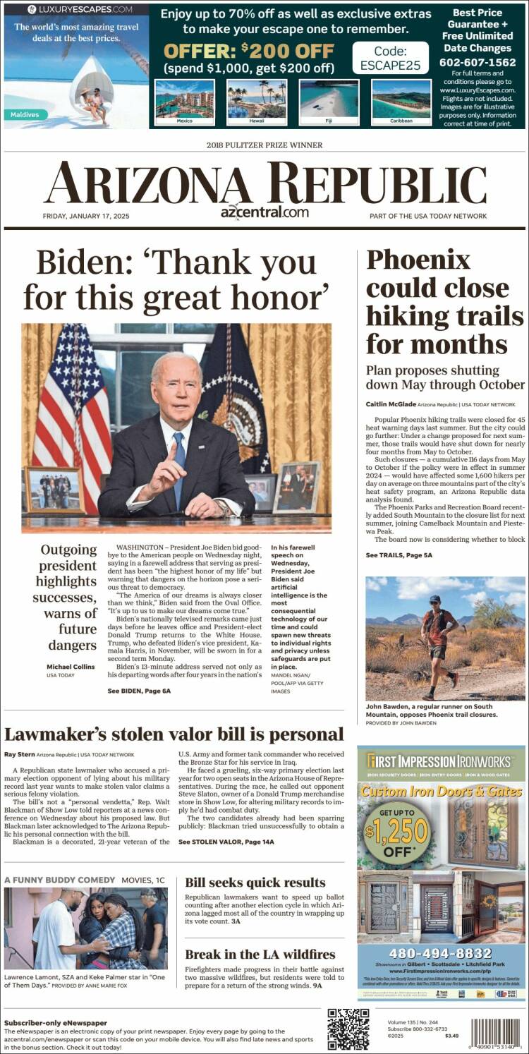 Portada de Arizona Republic News (USA)