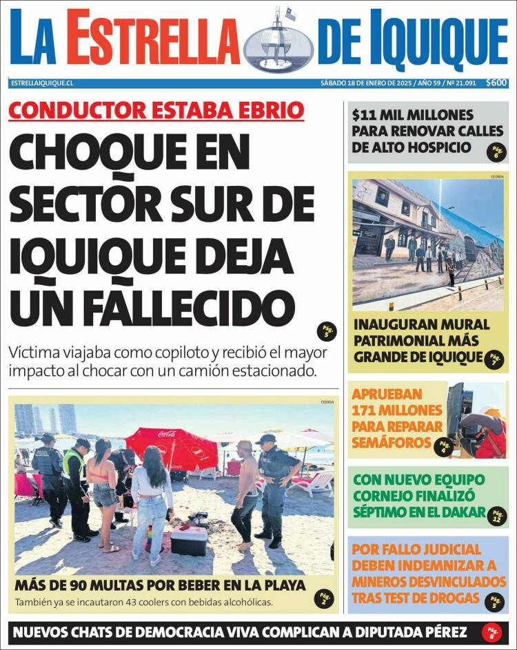 Portada de La Estrella de Iquique (Chile)