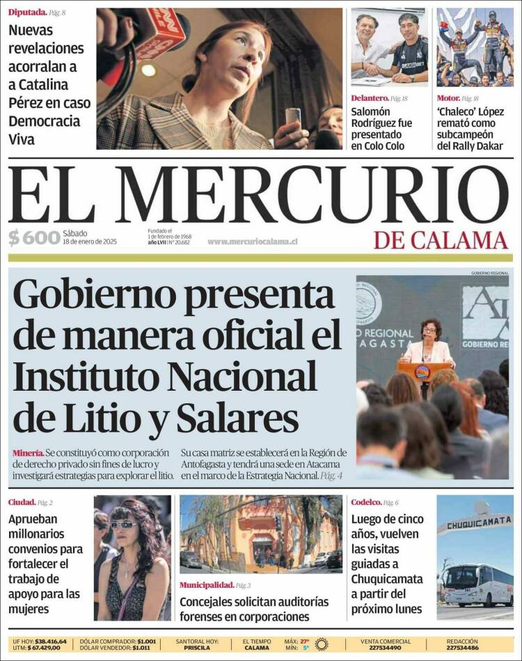 Portada de El Mercurio - Calama (Chile)