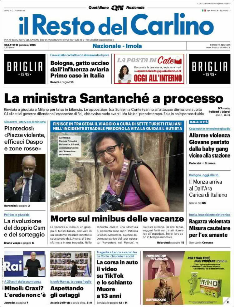 Portada de Il Resto del Carlino (Italia)