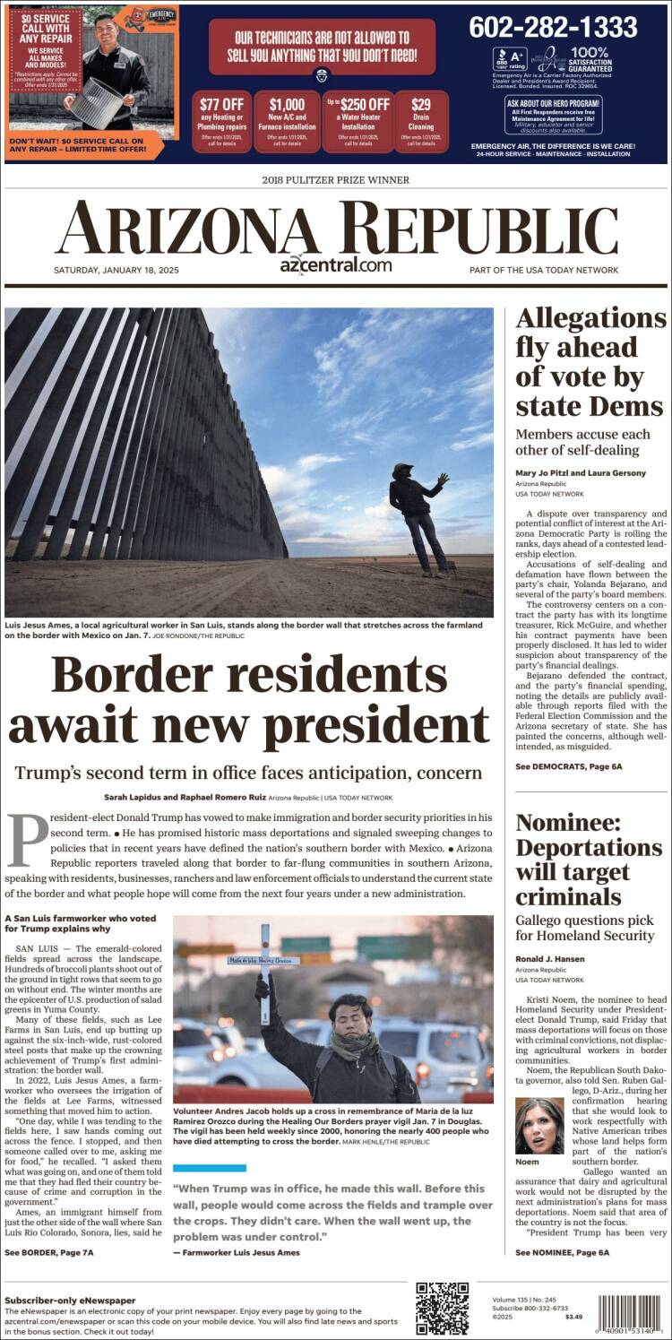 Portada de Arizona Republic News (USA)