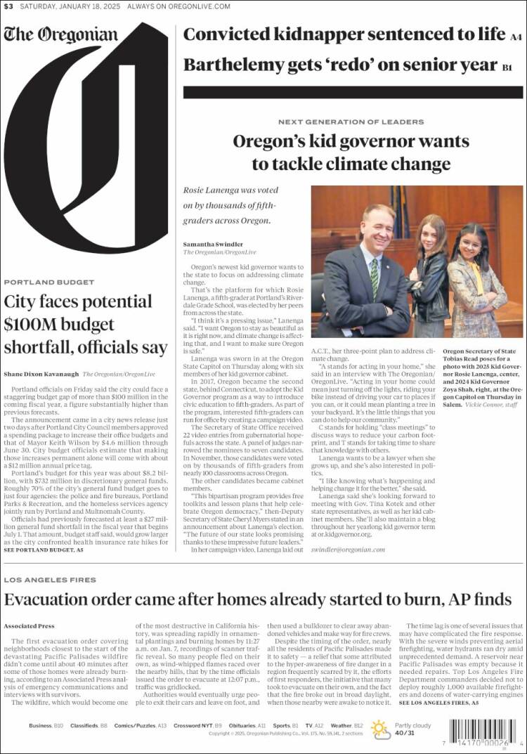 Portada de The Oregonian (USA)