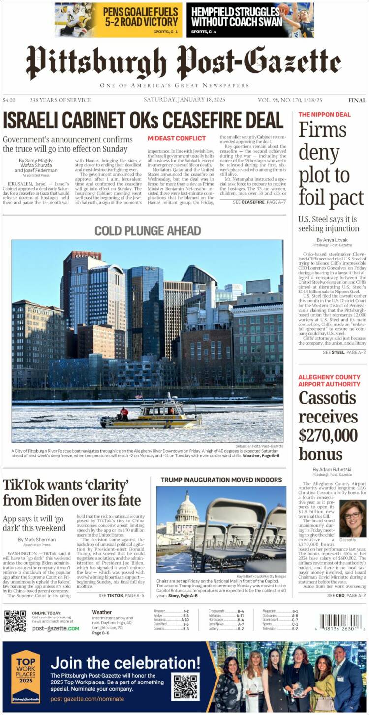 Portada de Pittsburgh Post-Gazette (USA)