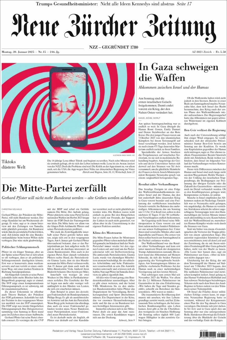 Portada de Neue Zürcher Zeitung (Suiza)
