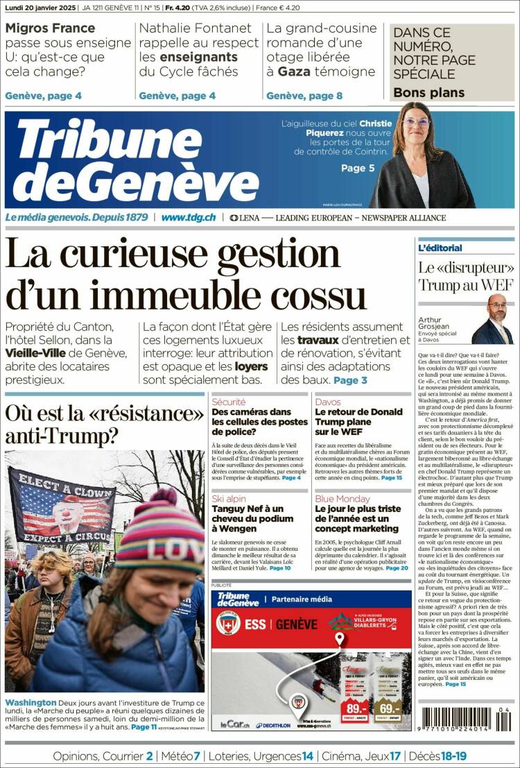 Portada de La Tribune de Genève (Suiza)