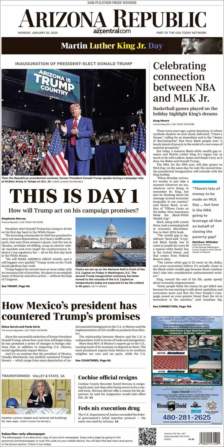 Portada de Arizona Republic News (USA)