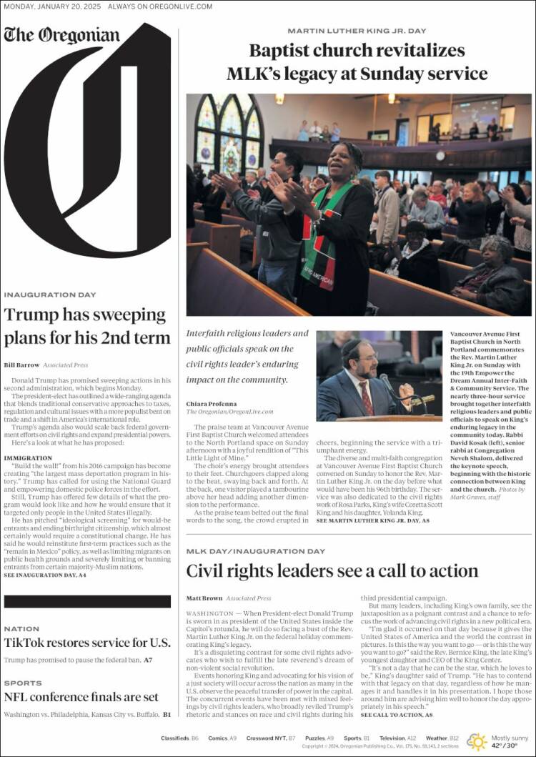 Portada de The Oregonian (USA)