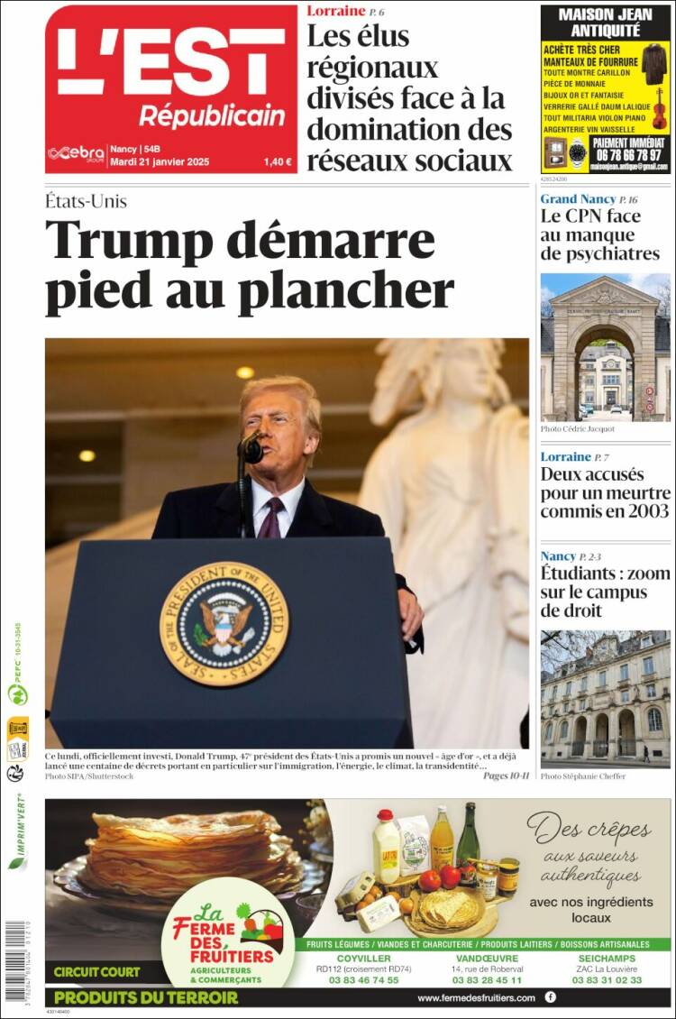 Portada de L'Est Republicain (Francia)