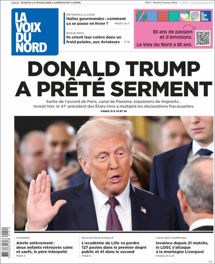 Portada de La Voix du Nord (Francia)