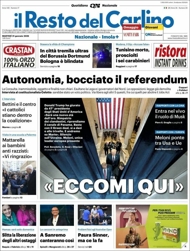 Portada de Il Resto del Carlino (Italia)