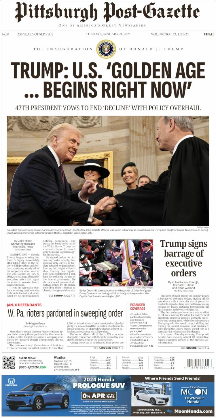 Portada de Pittsburgh Post-Gazette (USA)