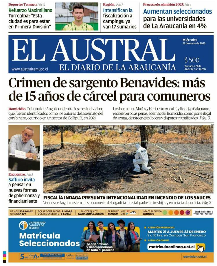 Portada de El Austral de Temuco (Chile)