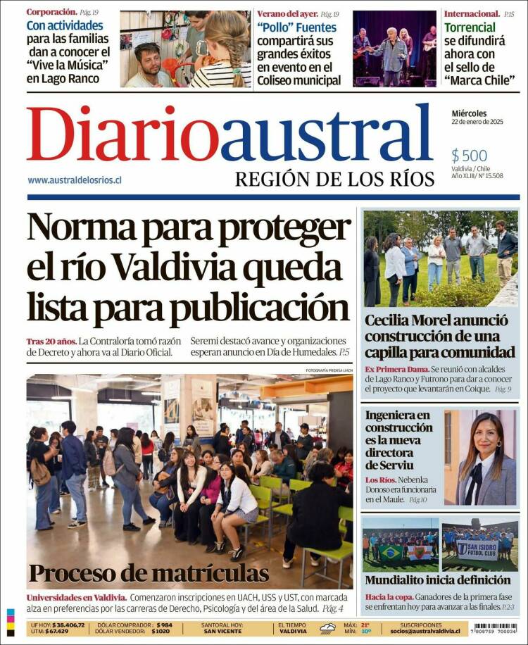 Portada de El Diario Austral de Valdivia (Chile)