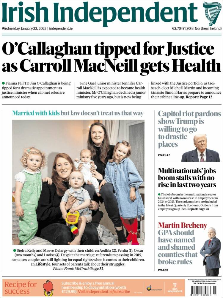 Portada de Irish Independent (Irlanda)