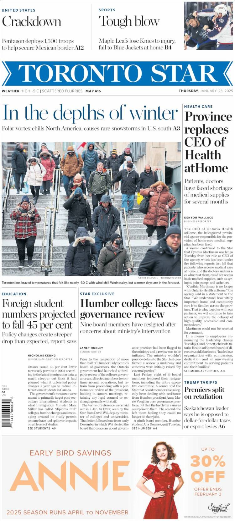 Portada de The Toronto Star (Canadá)