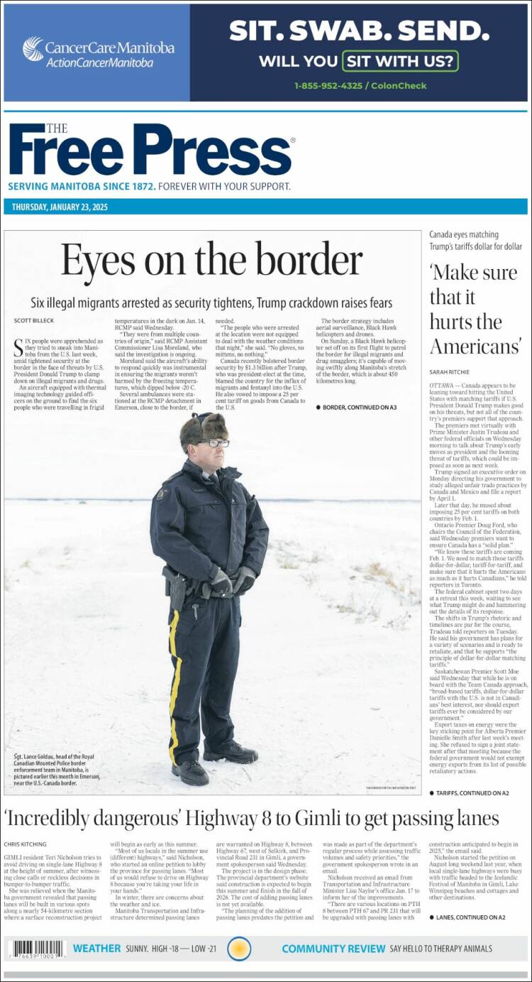 Portada de Winnipeg Free Press (Canadá)